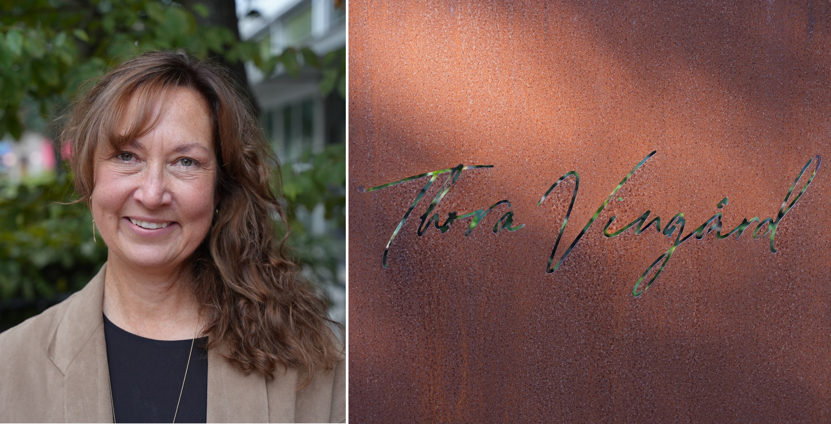 Bild på Heather Öberg, vd för Thora Vingård, och företagets logotyp.