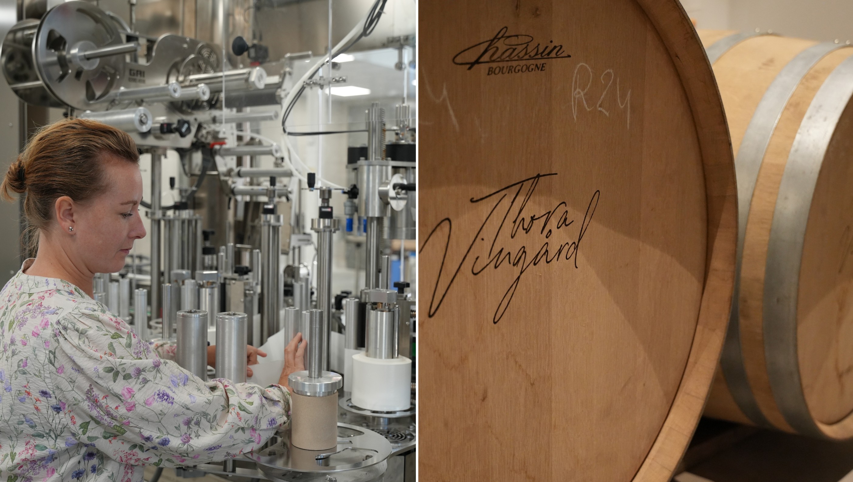 Bild på chefssommelier Daniella Lundh Egenäs vid buteljeringsmaskinen och ett ekfat med Thora Vingårds logotyp.