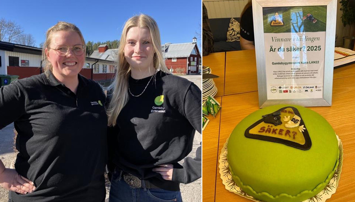 Bild på Hanna Ingesson, lantbrukslärare, och Alma Thilly, elev, samt tårtan och diplomet.