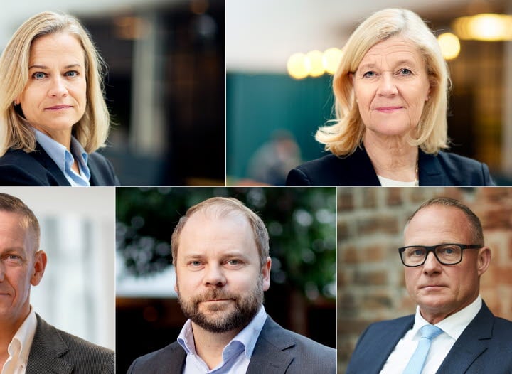 Kollage med bilder på Eva Glückman (Grafiska Företagen), Lena-Liisa Tengblad (Gröna arbetsgivare), Jakob Tellgren (IKEM), Erik Haara (TMF), och Björn Hellman (Livsmedelsföretagen).