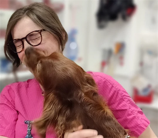 2023 års vinnare av bildtävlingen. Bild på veterinär med hund. Hälsinge Smådjursklinik.