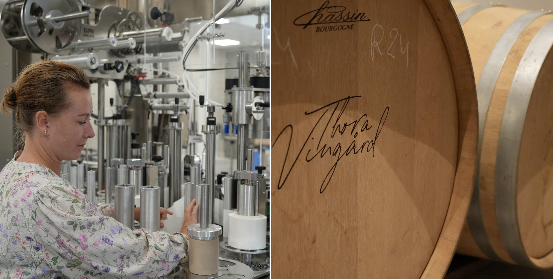 Bild på chefssommelier Daniella Lundh Egenäs vid buteljeringsmaskinen och ett ekfat med Thora Vingårds logotyp.