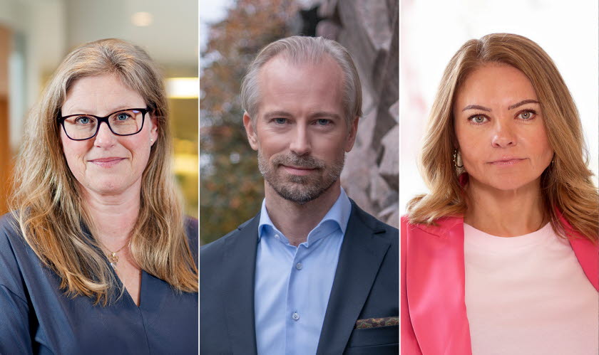 Porträttbilder på Emma Terander, arbetsmarknadschef Gröna arbetsgivare, Fredrik Östbom, näringspolitisk chef Almega, och Anna Wallén, näringspolitisk chef Visita.