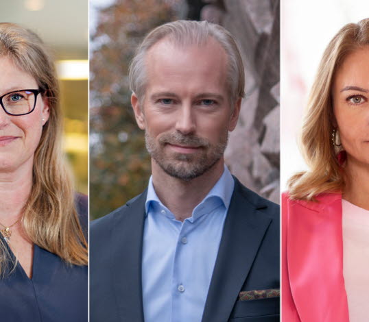 Porträttbilder på Emma Terander, arbetsmarknadschef Gröna arbetsgivare, Fredrik Östbom, näringspolitisk chef Almega, och Anna Wallén, näringspolitisk chef Visita.