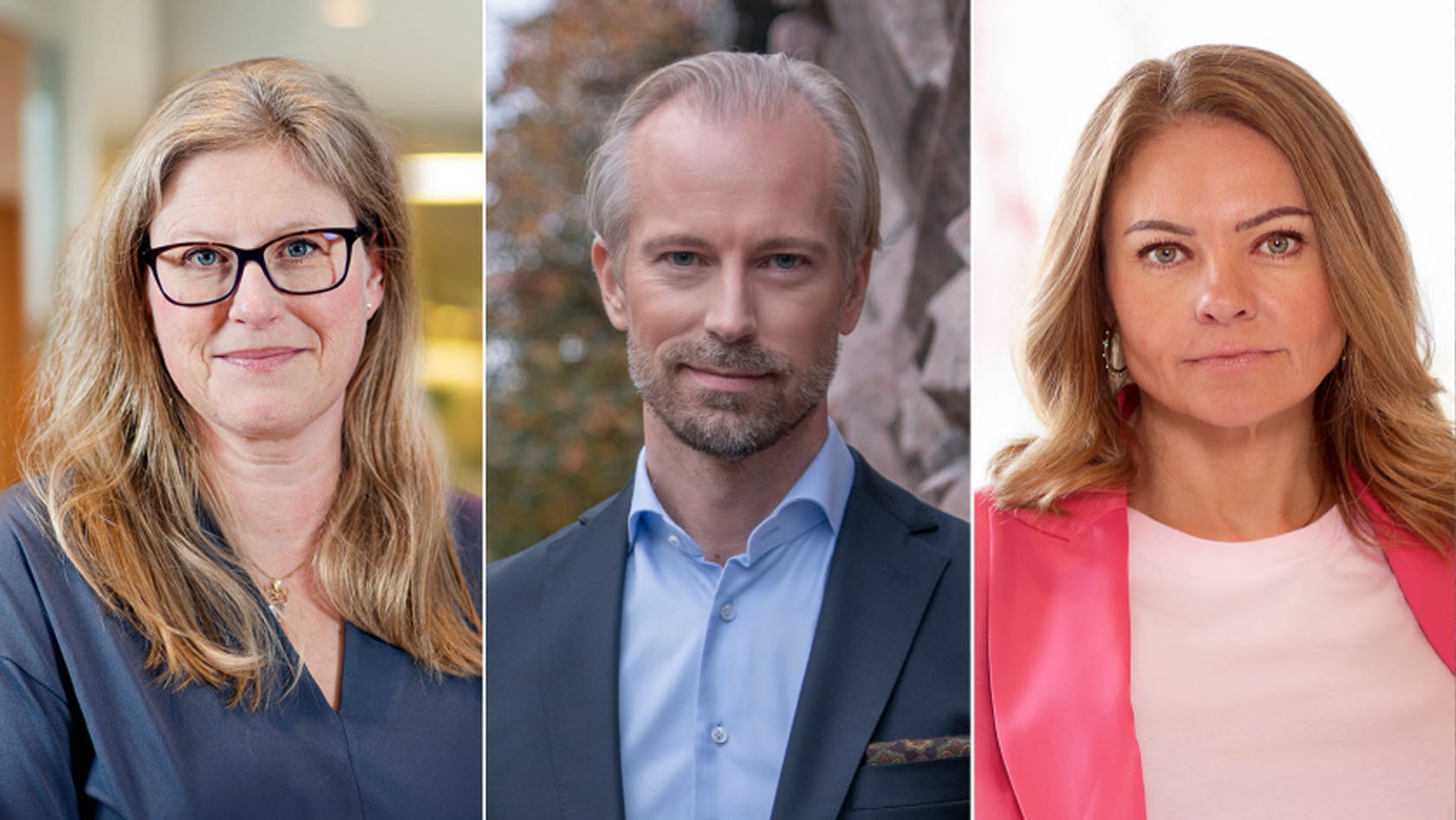Porträttbilder på Emma Terander, arbetsmarknadschef Gröna arbetsgivare, Fredrik Östbom, näringspolitisk chef Almega, och Anna Wallén, näringspolitisk chef Visita.