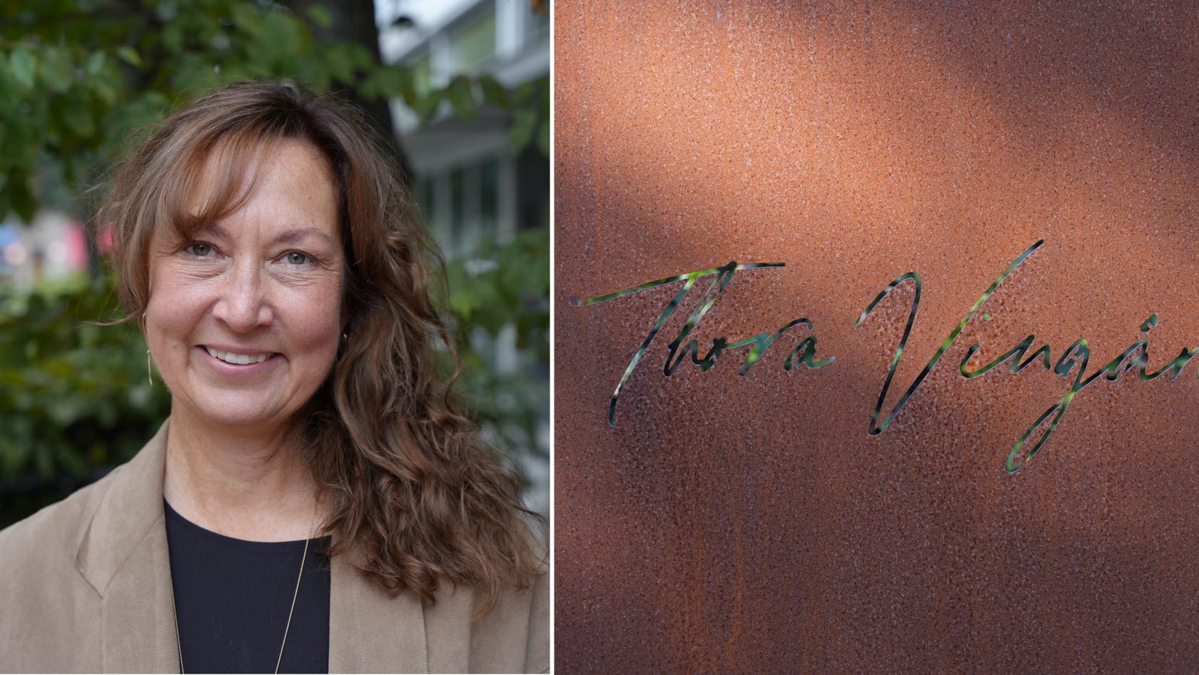 Bild på Heather Öberg, vd för Thora Vingård, och företagets logotyp.
